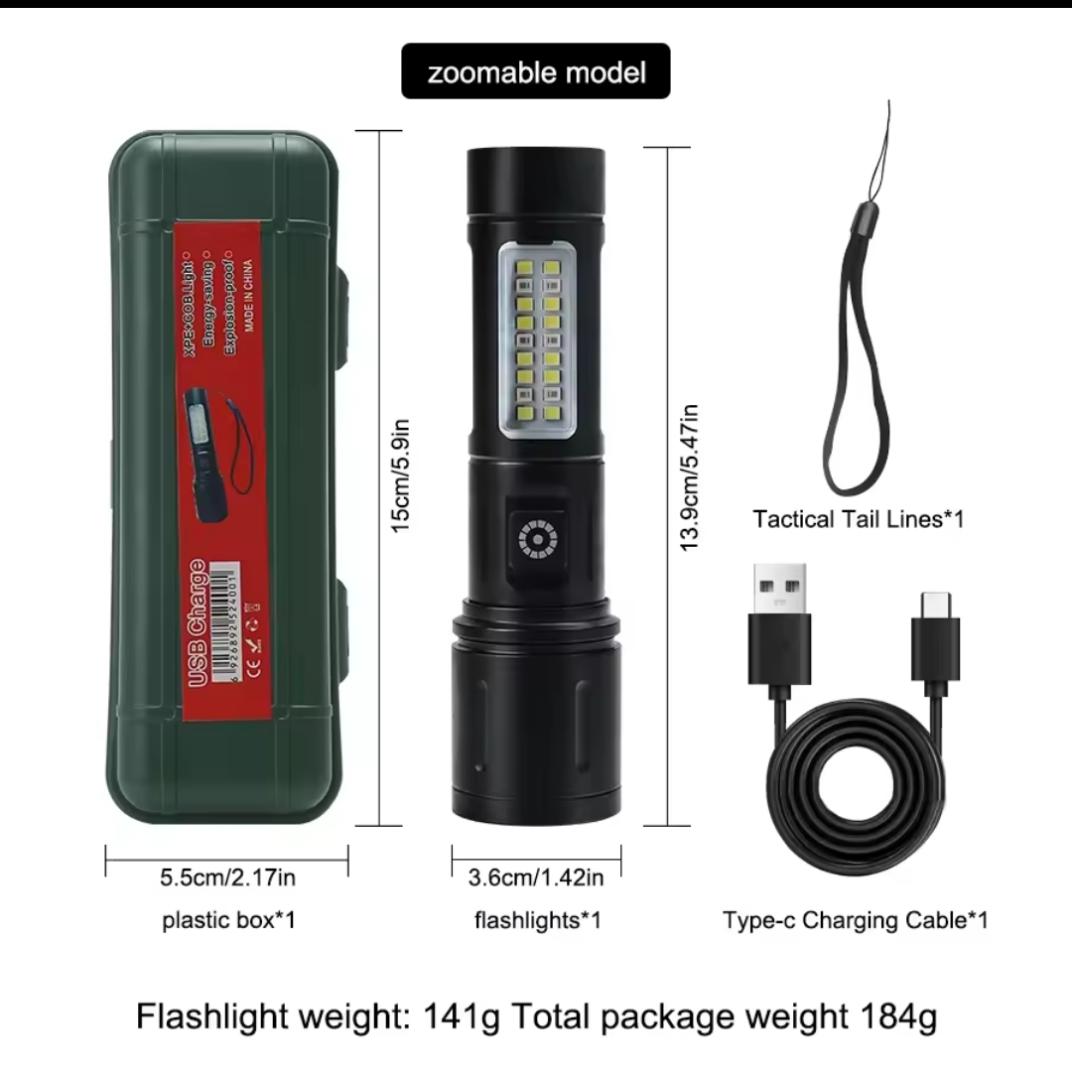 Aluminium Alloy Metal Security Torch Light With Telescopic Zoom Type-C USB Multifunction Rechargeable spotlight for outdoor or home emergency light use