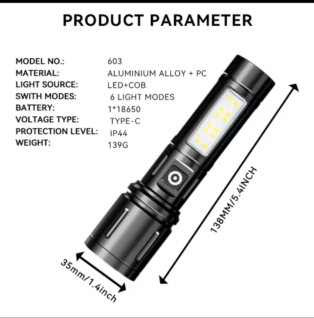 Aluminium Alloy Metal Security Torch Light With Telescopic Zoom Type-C USB Multifunction Rechargeable spotlight for outdoor or home emergency light use