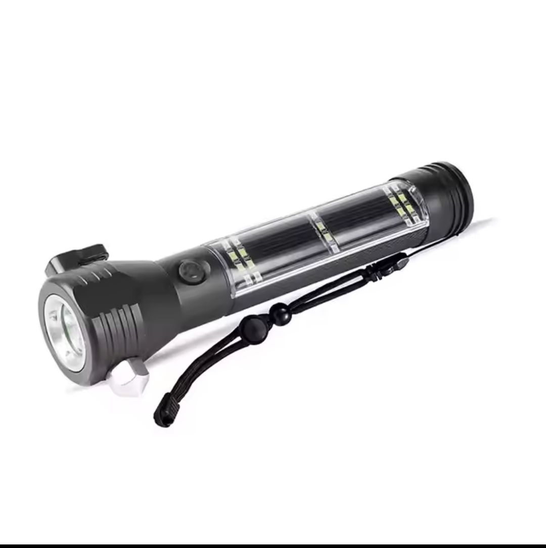 Rechargeable Solar Powered Flashlight,Multi Function LED Tactical Flashlight with Glass Breaker,Seatbelt Cutter,Alarm and Phone Charger,Powerful Handheld Flashlights for Emergencies Camping