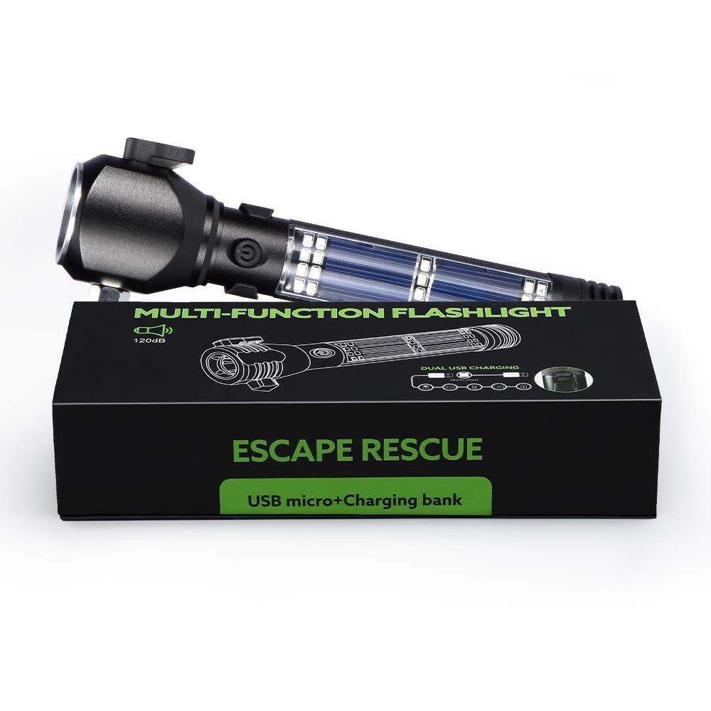 Rechargeable Solar Powered Flashlight,Multi Function LED Tactical Flashlight with Glass Breaker,Seatbelt Cutter,Alarm and Phone Charger,Powerful Handheld Flashlights for Emergencies Camping