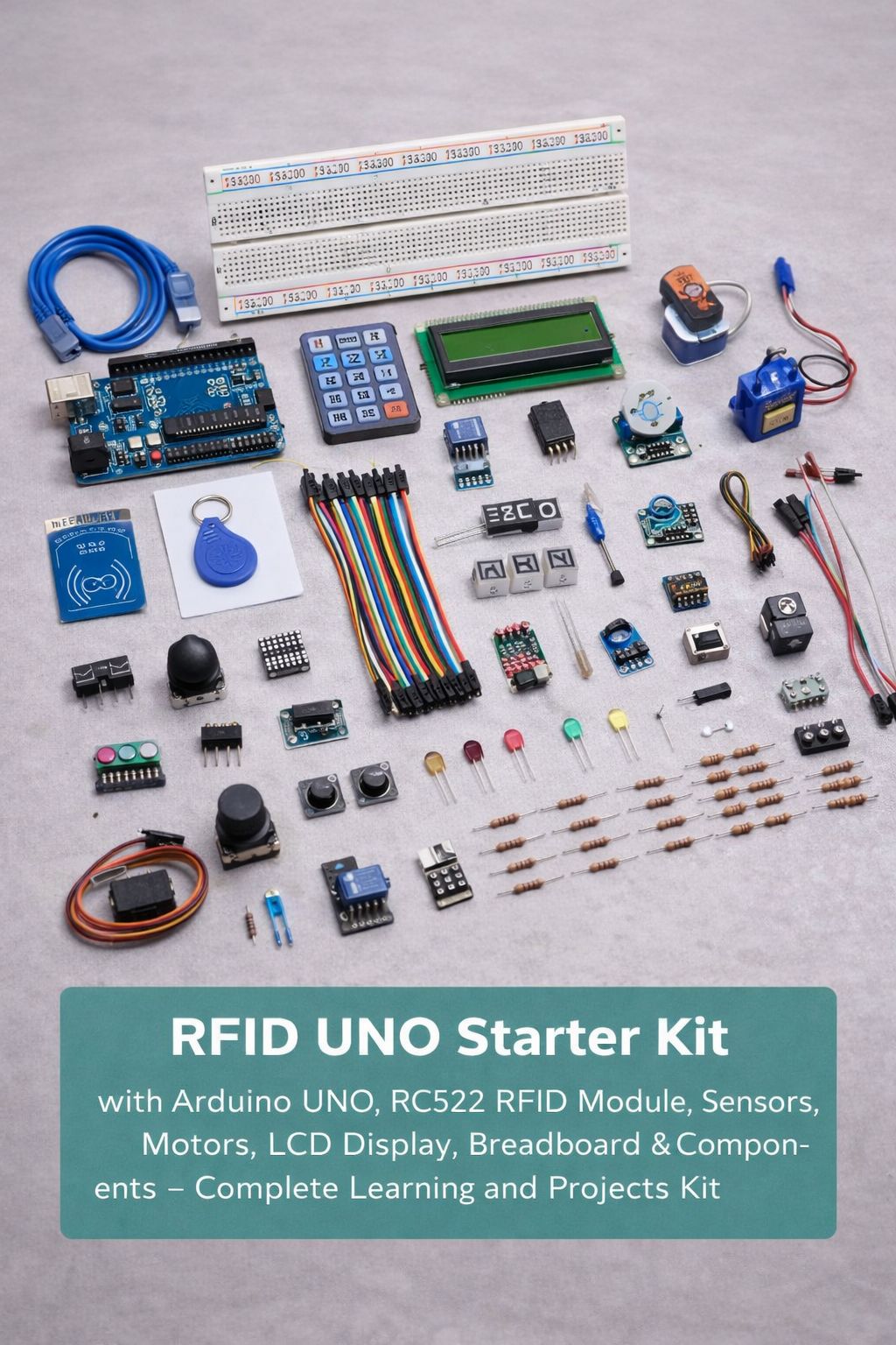 RFID UNO Starter Kit with Arduino UNO, RC522 RFID Module, Sensors, Motors, LCD Display, Breadboard & Components – Complete Learning and Projects Kit