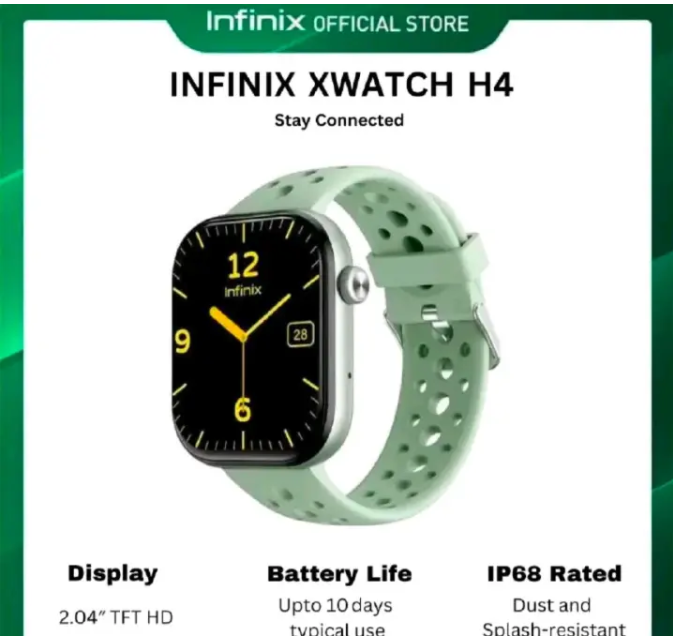 Infinix Smart watch. XWATCH H4 stay connected—2.04-inch full-touch screen, clear Bluetooth calling, and Comprehensive workout and health tracking.
