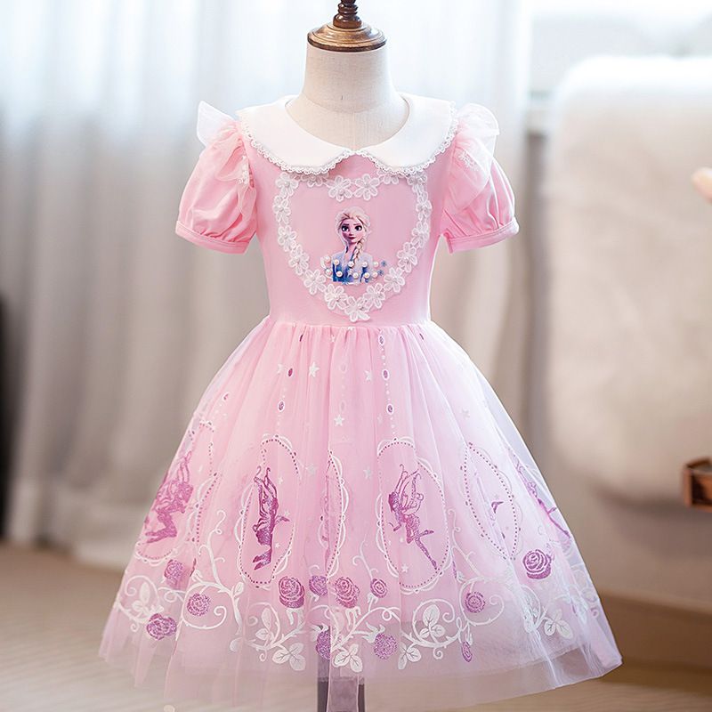 Ice and Snow Love Princess Skirt, Girls' New Short sleeved Skirt, Love Sha Dress, Children's Summer Baby Dress, Round Neck Short sleeved Fluffy Skirt, playful and cute, versatile and stylish