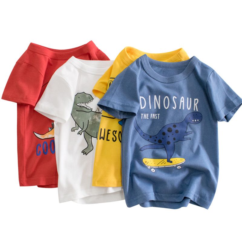 Popular children's clothing, summer new dinosaur children's short sleeved T-shirt, boys printed top, pure cotton short sleeved T-shirt, soft and comfortable, versatile and stylish