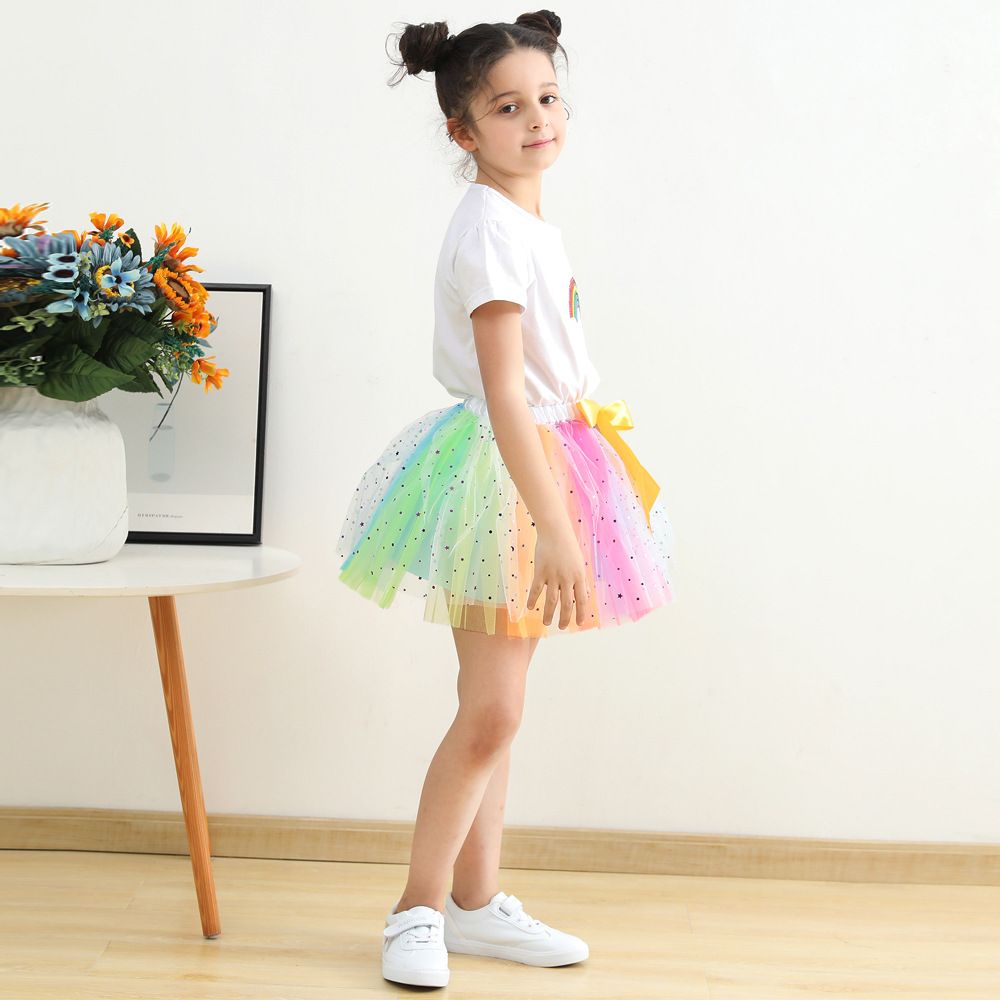 New European and American girls' half skirt, with a bow hair clip included in the lining, star moon mesh skirt and fluffy skirt, girls' popular rainbow printed yarn skirt, lively and cute, stylish