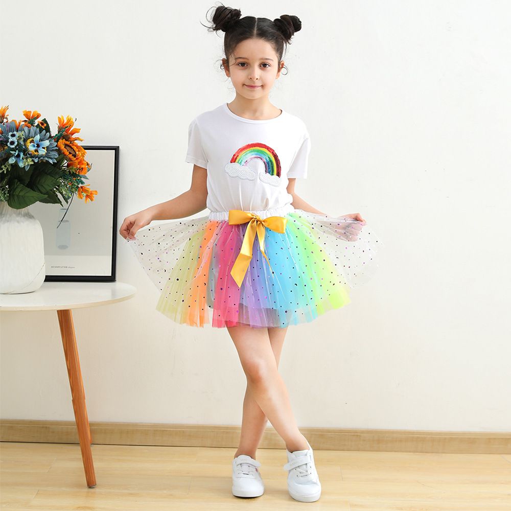 New European and American girls' half skirt, with a bow hair clip included in the lining, star moon mesh skirt and fluffy skirt, girls' popular rainbow printed yarn skirt, lively and cute, stylish