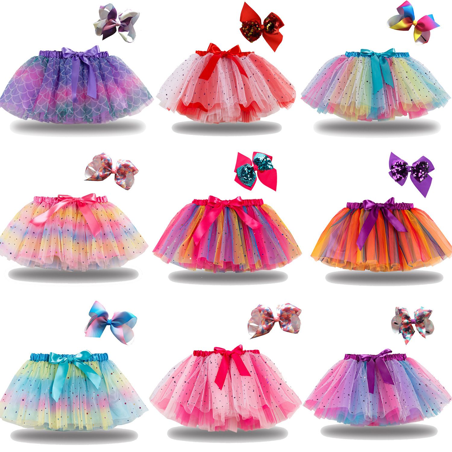 New European and American girls' half skirt, with a bow hair clip included in the lining, star moon mesh skirt and fluffy skirt, girls' popular rainbow printed yarn skirt, lively and cute, stylish