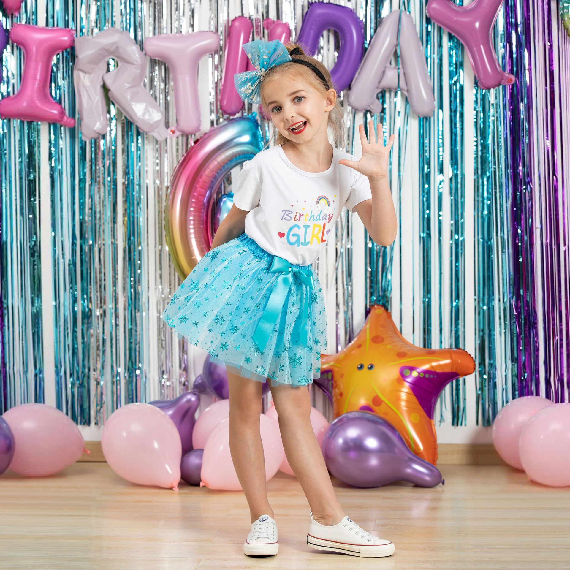 New European and American girls' half skirt, with a bow hair clip included in the lining, star moon mesh skirt and fluffy skirt, girls' popular rainbow printed yarn skirt, lively and cute, stylish