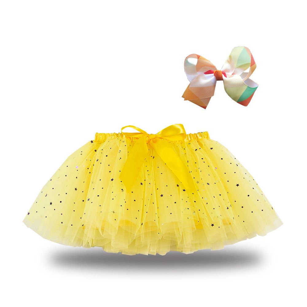 New European and American girls' half skirt, with a bow hair clip included in the lining, star moon mesh skirt and fluffy skirt, girls' popular rainbow printed yarn skirt, lively and cute, stylish