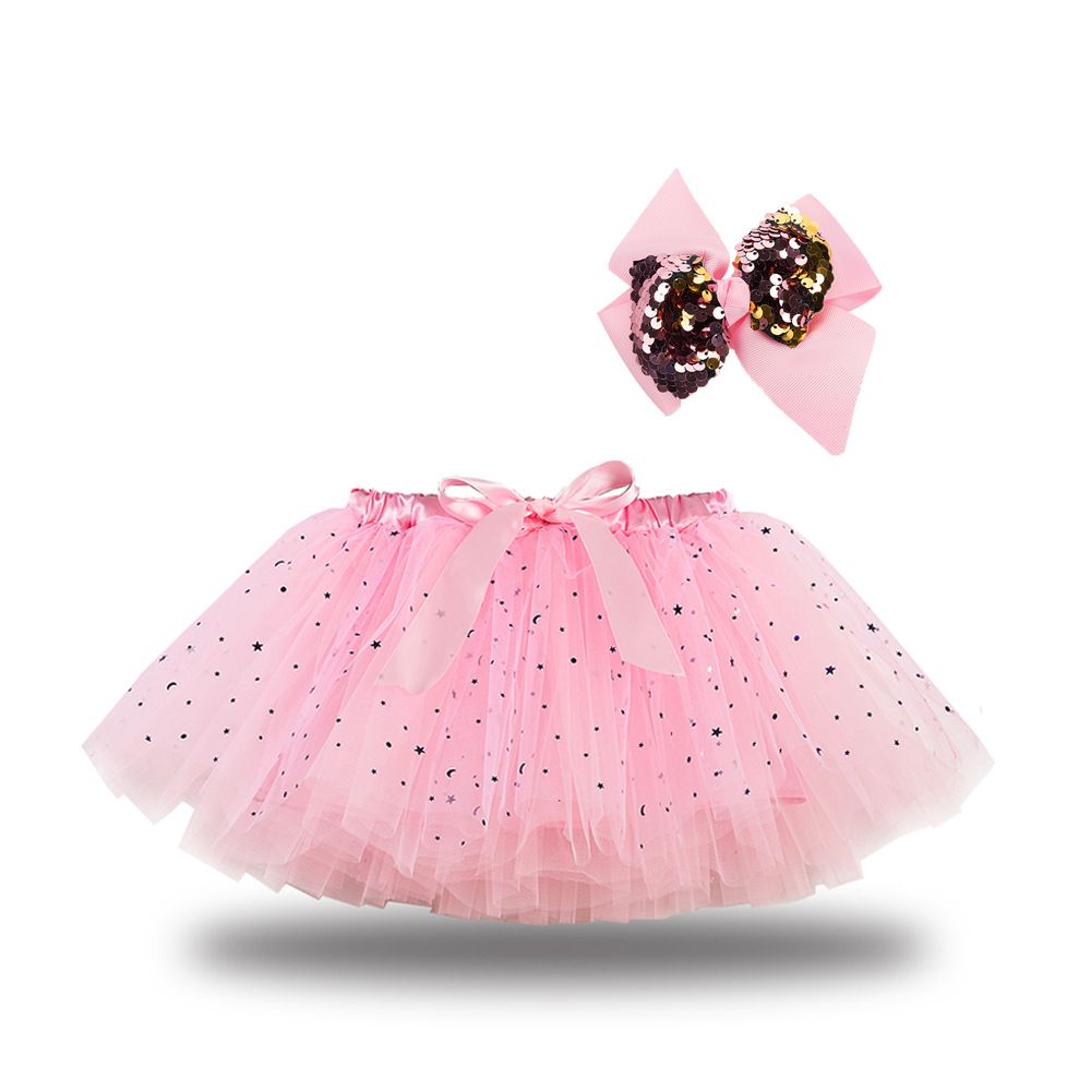 New European and American girls' half skirt, with a bow hair clip included in the lining, star moon mesh skirt and fluffy skirt, girls' popular rainbow printed yarn skirt, lively and cute, stylish