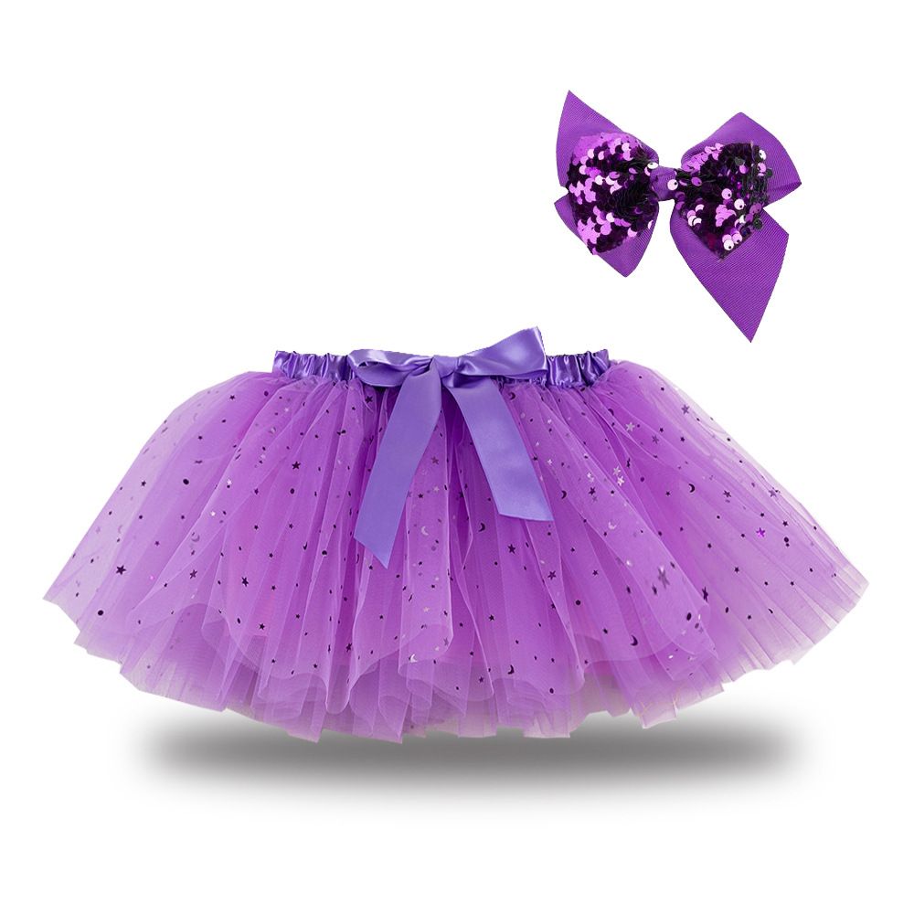 New European and American girls' half skirt, with a bow hair clip included in the lining, star moon mesh skirt and fluffy skirt, girls' popular rainbow printed yarn skirt, lively and cute, stylish