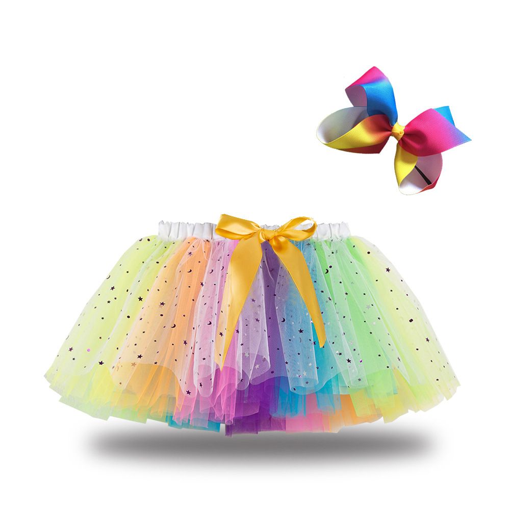 New European and American girls' half skirt, with a bow hair clip included in the lining, star moon mesh skirt and fluffy skirt, girls' popular rainbow printed yarn skirt, lively and cute, stylish