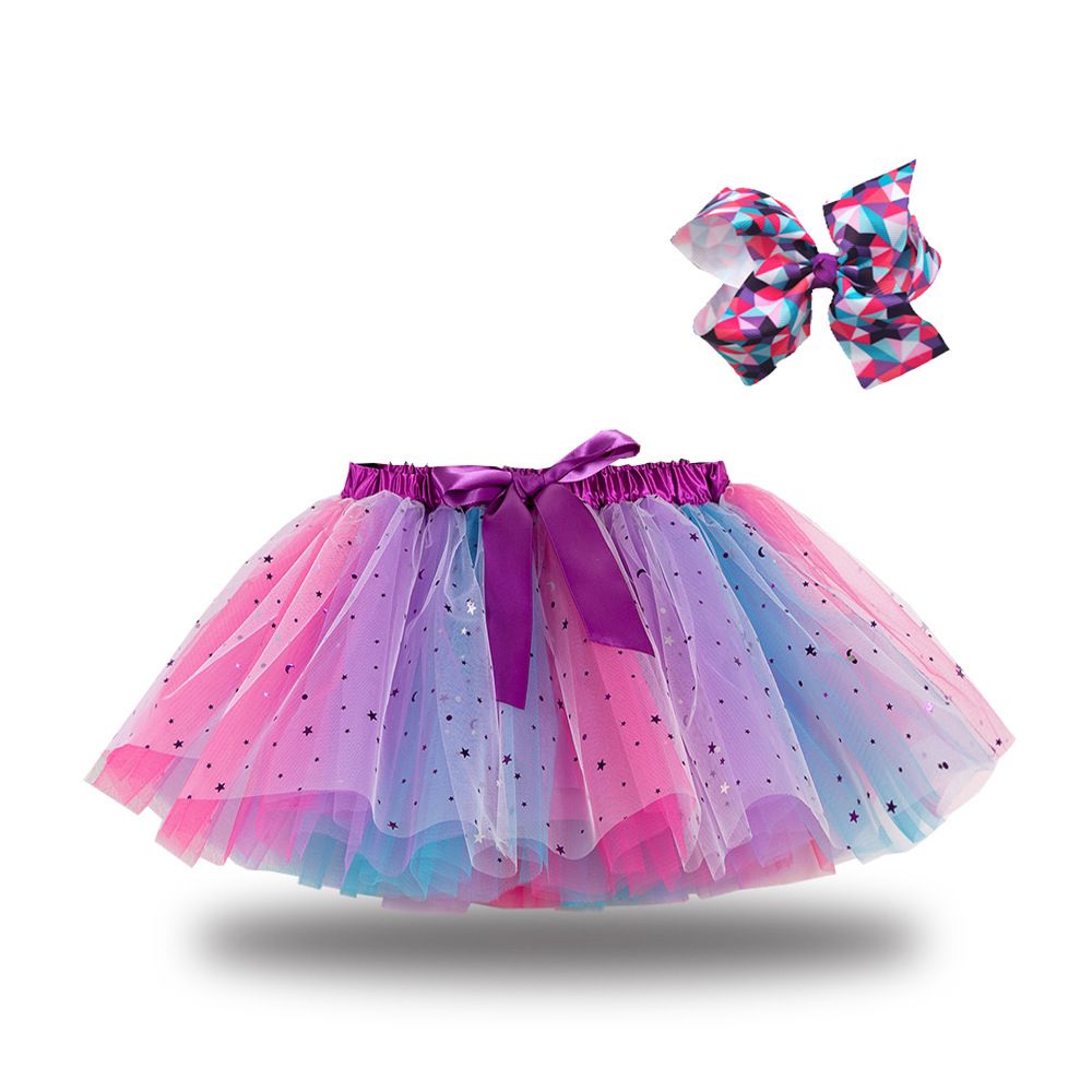 New European and American girls' half skirt, with a bow hair clip included in the lining, star moon mesh skirt and fluffy skirt, girls' popular rainbow printed yarn skirt, lively and cute, stylish