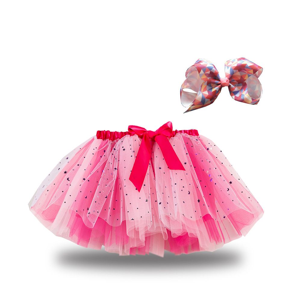 New European and American girls' half skirt, with a bow hair clip included in the lining, star moon mesh skirt and fluffy skirt, girls' popular rainbow printed yarn skirt, lively and cute, stylish