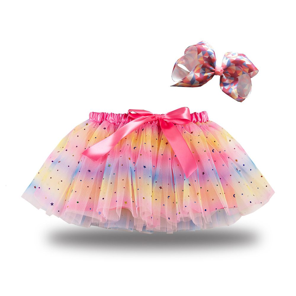 New European and American girls' half skirt, with a bow hair clip included in the lining, star moon mesh skirt and fluffy skirt, girls' popular rainbow printed yarn skirt, lively and cute, stylish