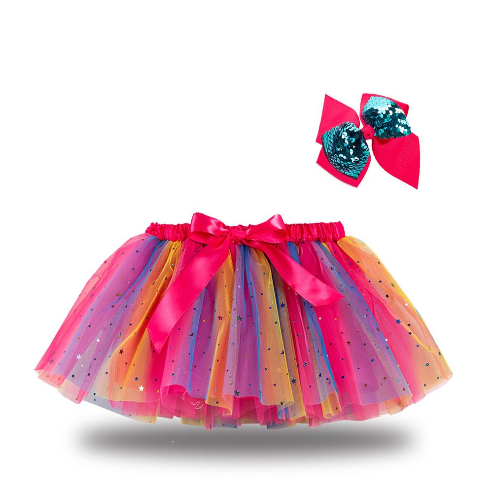 New European and American girls' half skirt, with a bow hair clip included in the lining, star moon mesh skirt and fluffy skirt, girls' popular rainbow printed yarn skirt, lively and cute, stylish