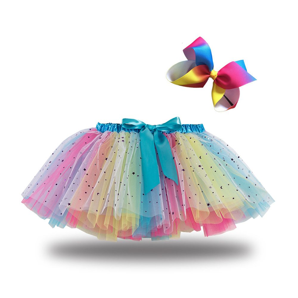 New European and American girls' half skirt, with a bow hair clip included in the lining, star moon mesh skirt and fluffy skirt, girls' popular rainbow printed yarn skirt, lively and cute, stylish
