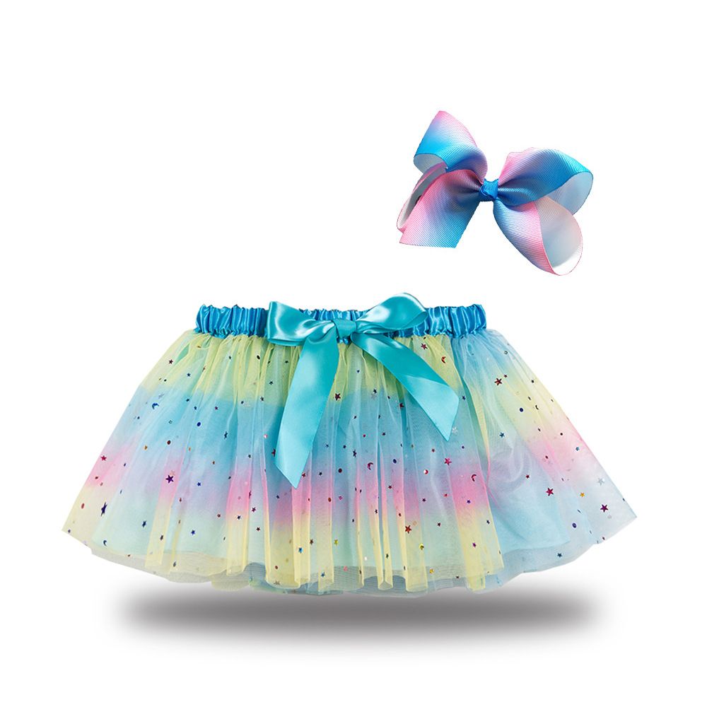 New European and American girls' half skirt, with a bow hair clip included in the lining, star moon mesh skirt and fluffy skirt, girls' popular rainbow printed yarn skirt, lively and cute, stylish