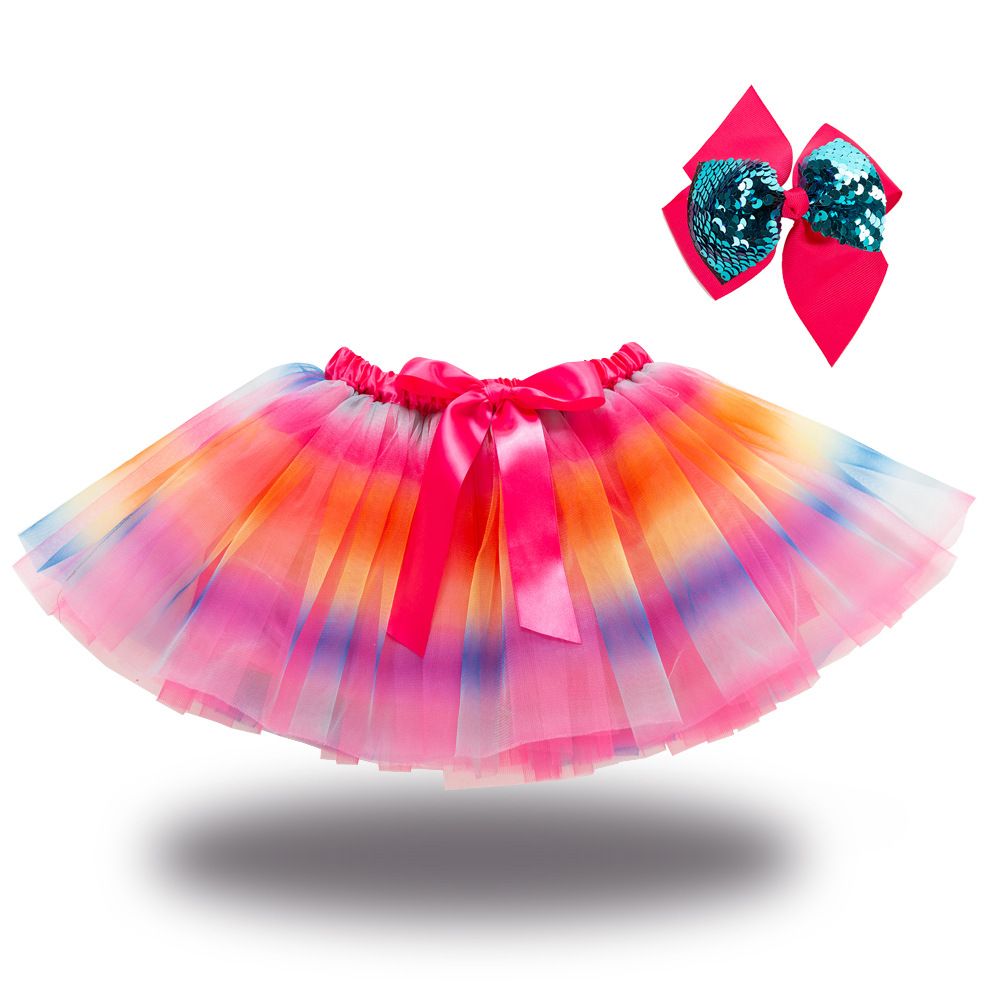 New European and American girls' half skirt, with a bow hair clip included in the lining, star moon mesh skirt and fluffy skirt, girls' popular rainbow printed yarn skirt, lively and cute, stylish