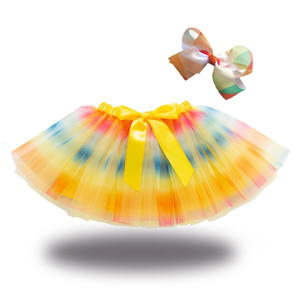 New European and American girls' half skirt, with a bow hair clip included in the lining, star moon mesh skirt and fluffy skirt, girls' popular rainbow printed yarn skirt, lively and cute, stylish