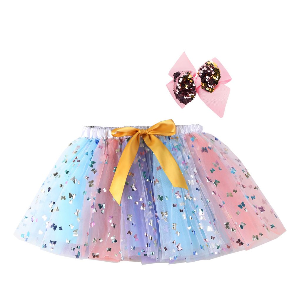 New European and American girls' half skirt, with a bow hair clip included in the lining, star moon mesh skirt and fluffy skirt, girls' popular rainbow printed yarn skirt, lively and cute, stylish