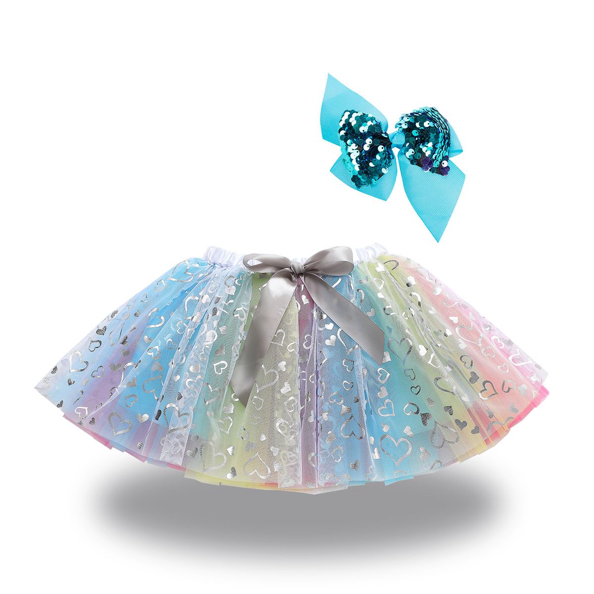 New European and American girls' half skirt, with a bow hair clip included in the lining, star moon mesh skirt and fluffy skirt, girls' popular rainbow printed yarn skirt, lively and cute, stylish