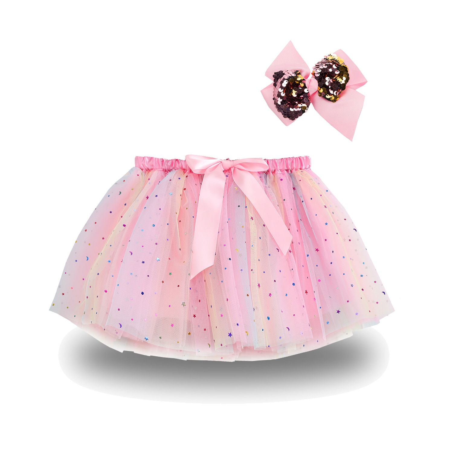 New European and American girls' half skirt, with a bow hair clip included in the lining, star moon mesh skirt and fluffy skirt, girls' popular rainbow printed yarn skirt, lively and cute, stylish