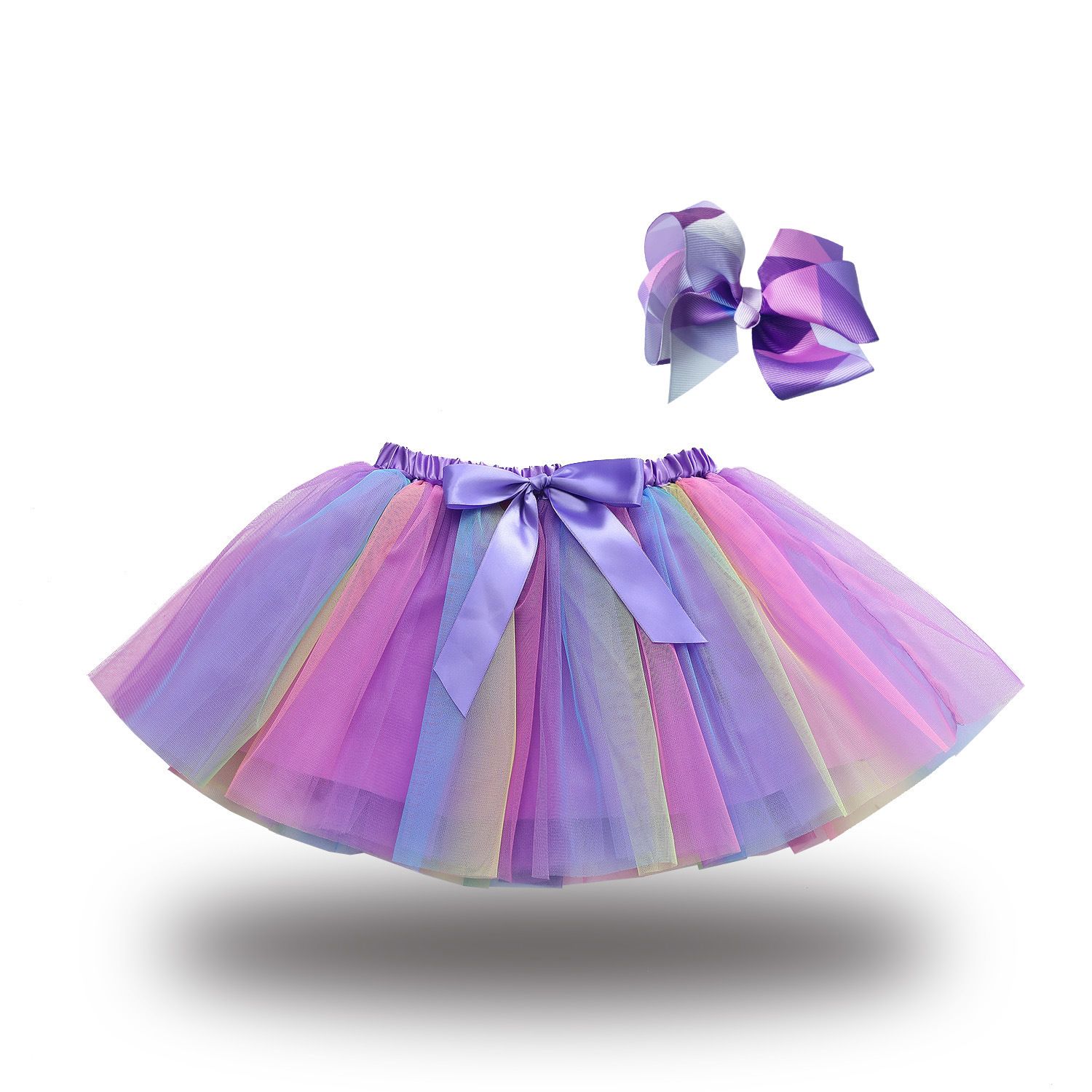New European and American girls' half skirt, with a bow hair clip included in the lining, star moon mesh skirt and fluffy skirt, girls' popular rainbow printed yarn skirt, lively and cute, stylish