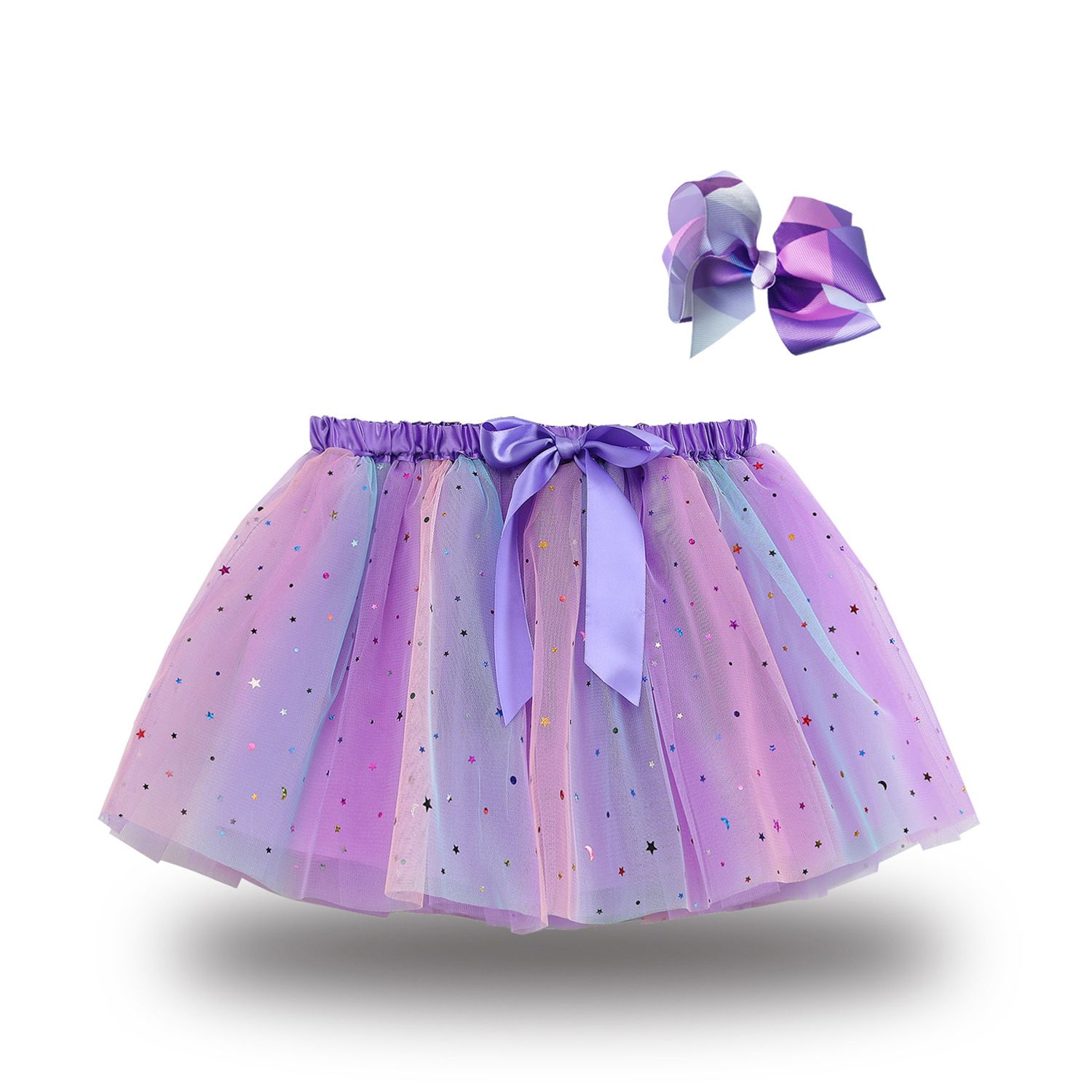 New European and American girls' half skirt, with a bow hair clip included in the lining, star moon mesh skirt and fluffy skirt, girls' popular rainbow printed yarn skirt, lively and cute, stylish