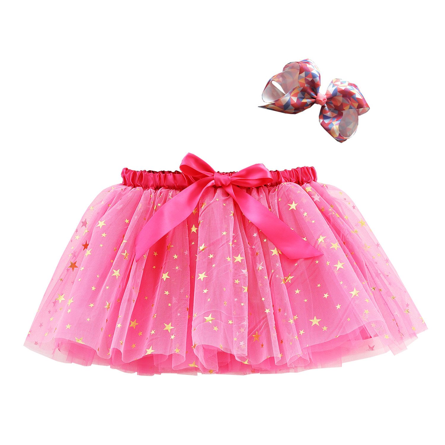 New European and American girls' half skirt, with a bow hair clip included in the lining, star moon mesh skirt and fluffy skirt, girls' popular rainbow printed yarn skirt, lively and cute, stylish