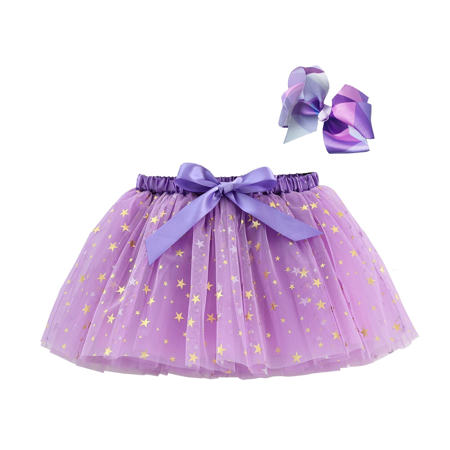 New European and American girls' half skirt, with a bow hair clip included in the lining, star moon mesh skirt and fluffy skirt, girls' popular rainbow printed yarn skirt, lively and cute, stylish