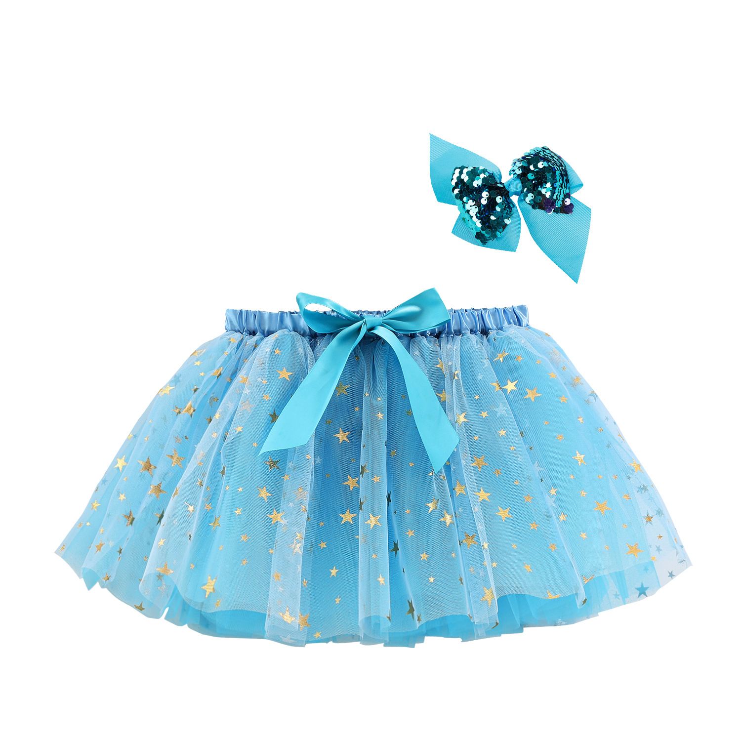New European and American girls' half skirt, with a bow hair clip included in the lining, star moon mesh skirt and fluffy skirt, girls' popular rainbow printed yarn skirt, lively and cute, stylish