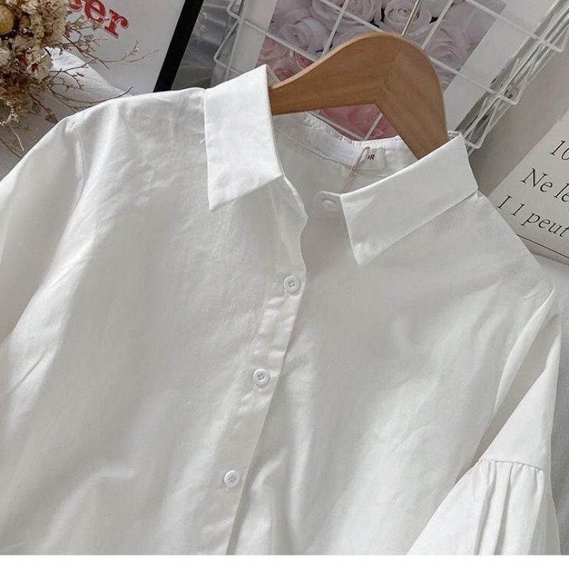 New lantern sleeve shirt, summer hot women's clothing, new bubble sleeve women's clothing, simple and stylish niche top, solid color collar shirt, simple and atmospheric