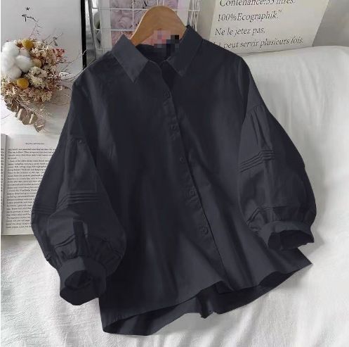 New lantern sleeve shirt, summer hot women's clothing, new bubble sleeve women's clothing, simple and stylish niche top, solid color collar shirt, simple and atmospheric