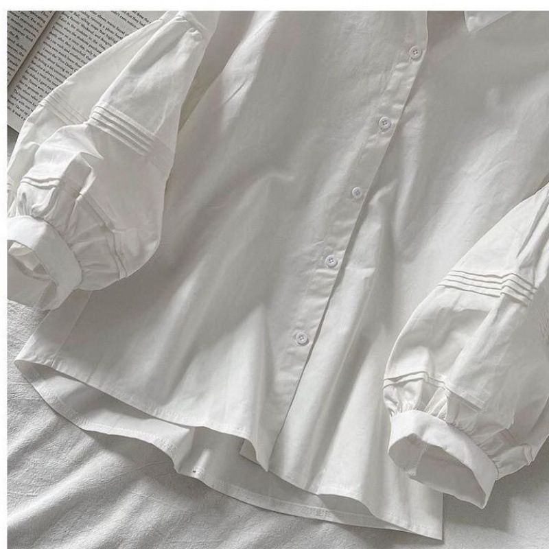 New lantern sleeve shirt, summer hot women's clothing, new bubble sleeve women's clothing, simple and stylish niche top, solid color collar shirt, simple and atmospheric
