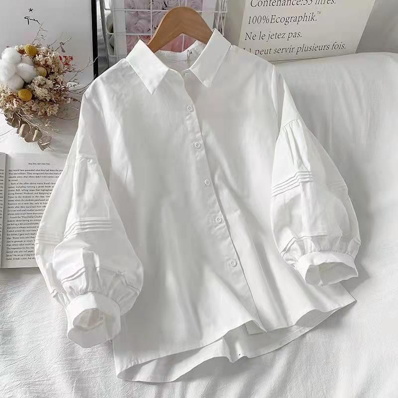 New lantern sleeve shirt, summer hot women's clothing, new bubble sleeve women's clothing, simple and stylish niche top, solid color collar shirt, simple and atmospheric