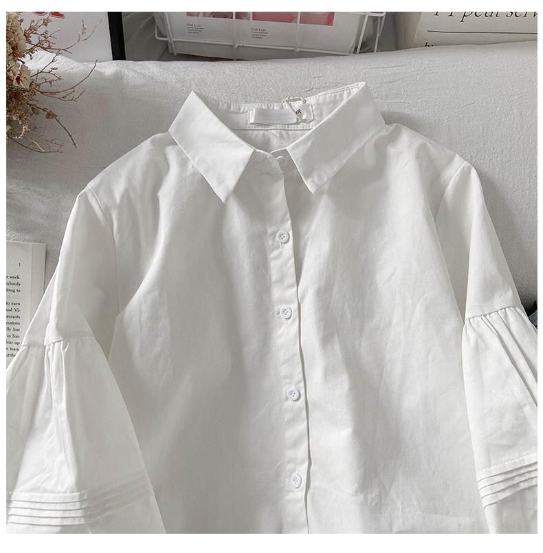New lantern sleeve shirt, summer hot women's clothing, new bubble sleeve women's clothing, simple and stylish niche top, solid color collar shirt, simple and atmospheric