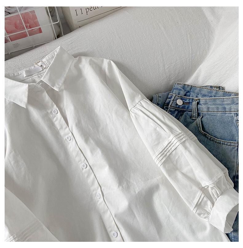 New lantern sleeve shirt, summer hot women's clothing, new bubble sleeve women's clothing, simple and stylish niche top, solid color collar shirt, simple and atmospheric