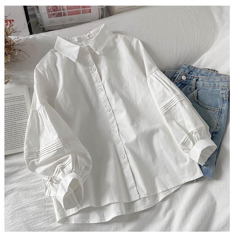New lantern sleeve shirt, summer hot women's clothing, new bubble sleeve women's clothing, simple and stylish niche top, solid color collar shirt, simple and atmospheric