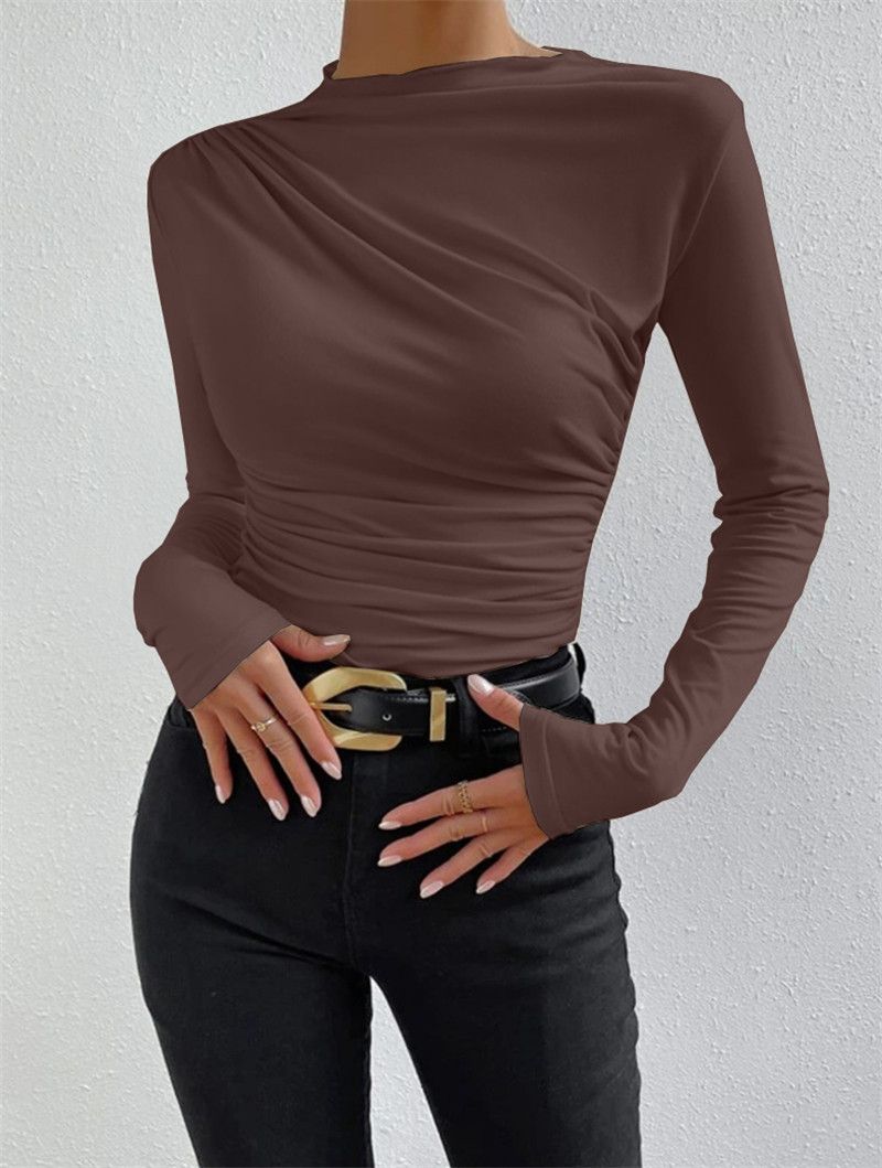 2024 new solid color slim fit base shirt, versatile pleated design long sleeved T-shirt, round neck women's top, soft and skin friendly high elasticity, slim fit versatile, simple and atmospheric
