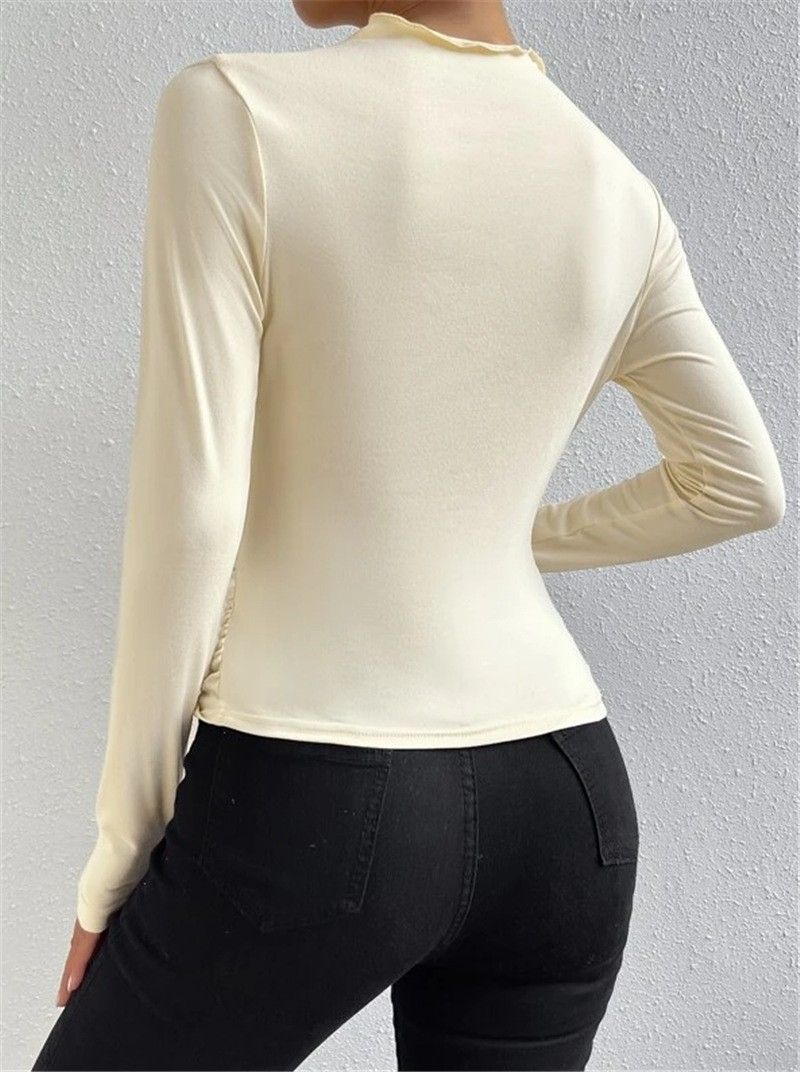 2024 new solid color slim fit base shirt, versatile pleated design long sleeved T-shirt, round neck women's top, soft and skin friendly high elasticity, slim fit versatile, simple and atmospheric