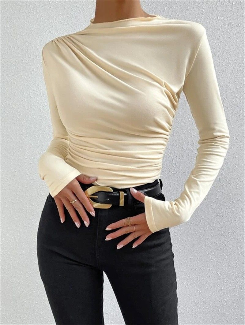 2024 new solid color slim fit base shirt, versatile pleated design long sleeved T-shirt, round neck women's top, soft and skin friendly high elasticity, slim fit versatile, simple and atmospheric