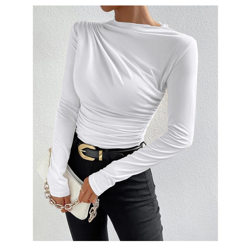 2024 new solid color slim fit base shirt, versatile pleated design long sleeved T-shirt, round neck women's top, soft and skin friendly high elasticity, slim fit versatile, simple and atmospheric