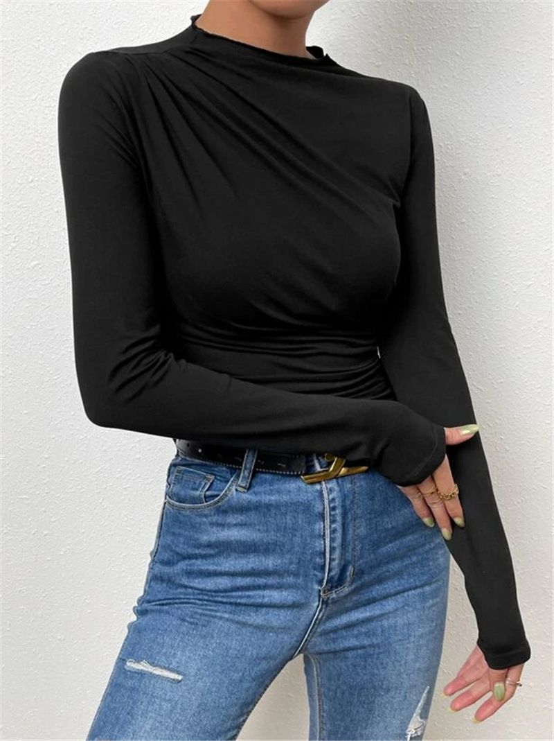 2024 new solid color slim fit base shirt, versatile pleated design long sleeved T-shirt, round neck women's top, soft and skin friendly high elasticity, slim fit versatile, simple and atmospheric