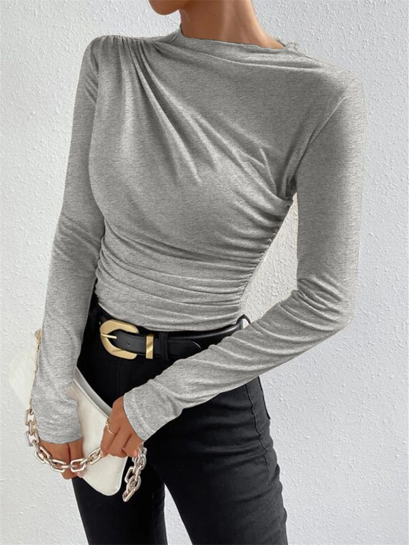 2024 new solid color slim fit base shirt, versatile pleated design long sleeved T-shirt, round neck women's top, soft and skin friendly high elasticity, slim fit versatile, simple and atmospheric