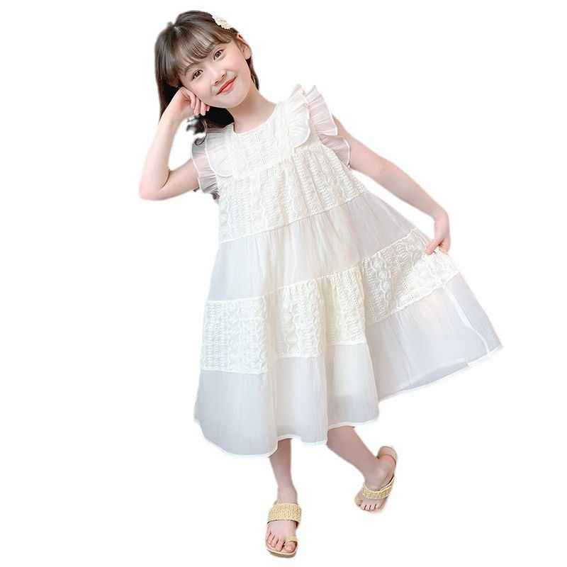 New girls' dress,summer 2024 popular children's princess dress,sleeveless high-end western-style long dress,solid color round neck flying sleeve fairy dress,soft and comfortable, casual and versatile