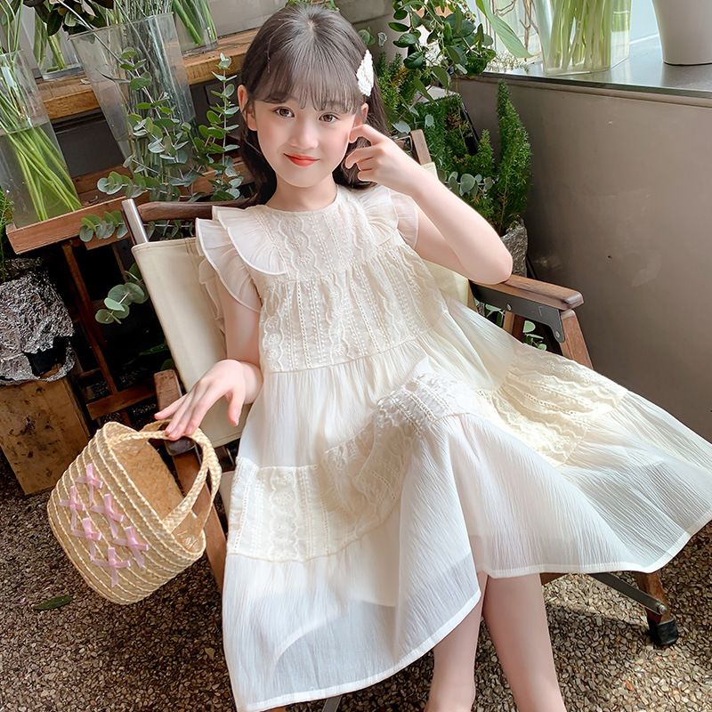 New girls' dress,summer 2024 popular children's princess dress,sleeveless high-end western-style long dress,solid color round neck flying sleeve fairy dress,soft and comfortable, casual and versatile