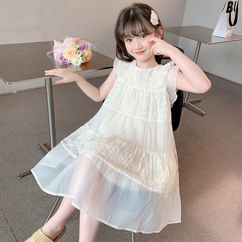 New girls' dress,summer 2024 popular children's princess dress,sleeveless high-end western-style long dress,solid color round neck flying sleeve fairy dress,soft and comfortable, casual and versatile