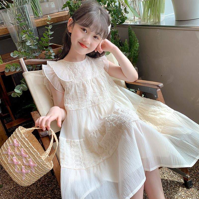 New girls' dress,summer 2024 popular children's princess dress,sleeveless high-end western-style long dress,solid color round neck flying sleeve fairy dress,soft and comfortable, casual and versatile