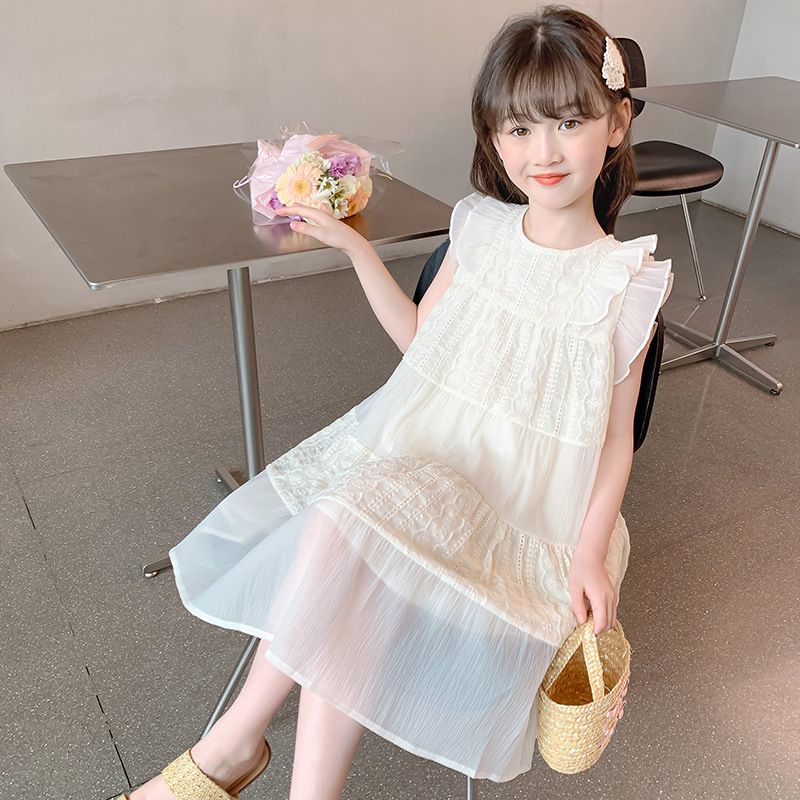 New girls' dress,summer 2024 popular children's princess dress,sleeveless high-end western-style long dress,solid color round neck flying sleeve fairy dress,soft and comfortable, casual and versatile